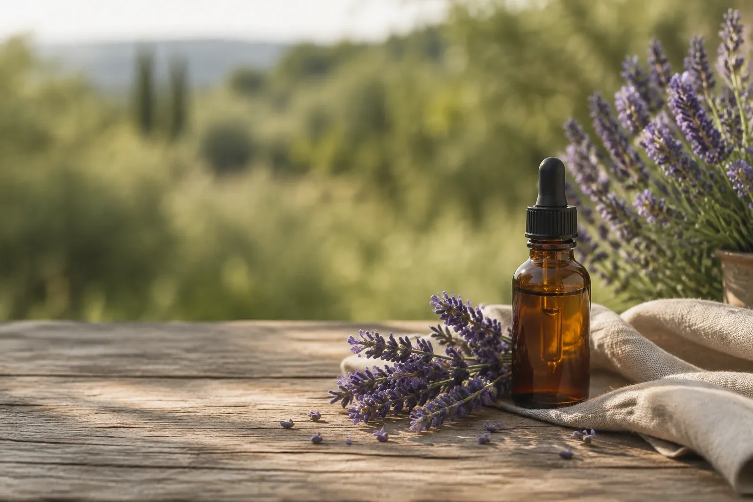 Amberkleurig druppelflesje naast lavendel en linnen doek op houten tafel, links ruimte