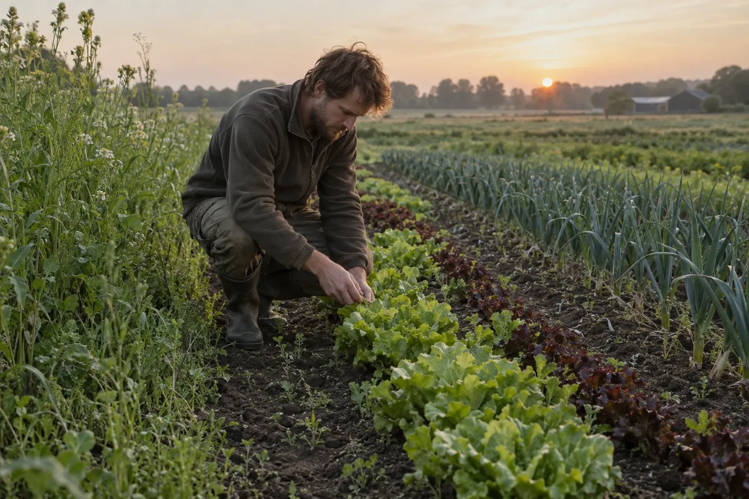 Boerin of boer controleert slarijen op biologische akker bij zonsopgang