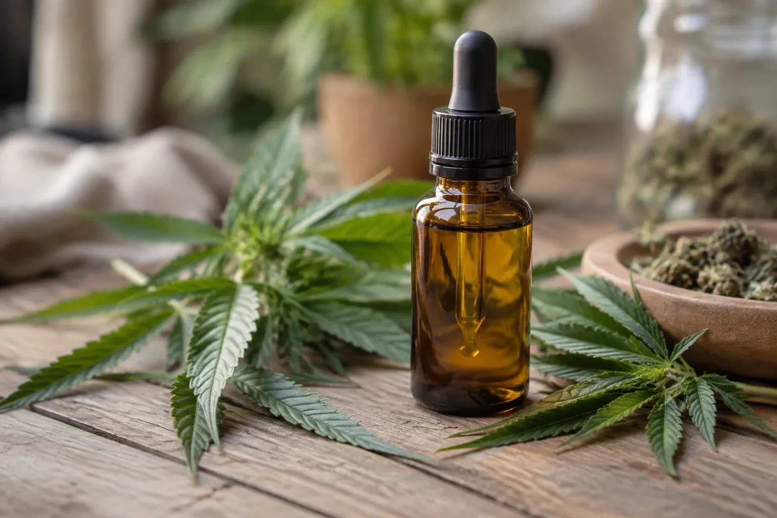 Bruine pipetfles met CBD-olie tussen cannabisbladeren en gedroogde toppen
