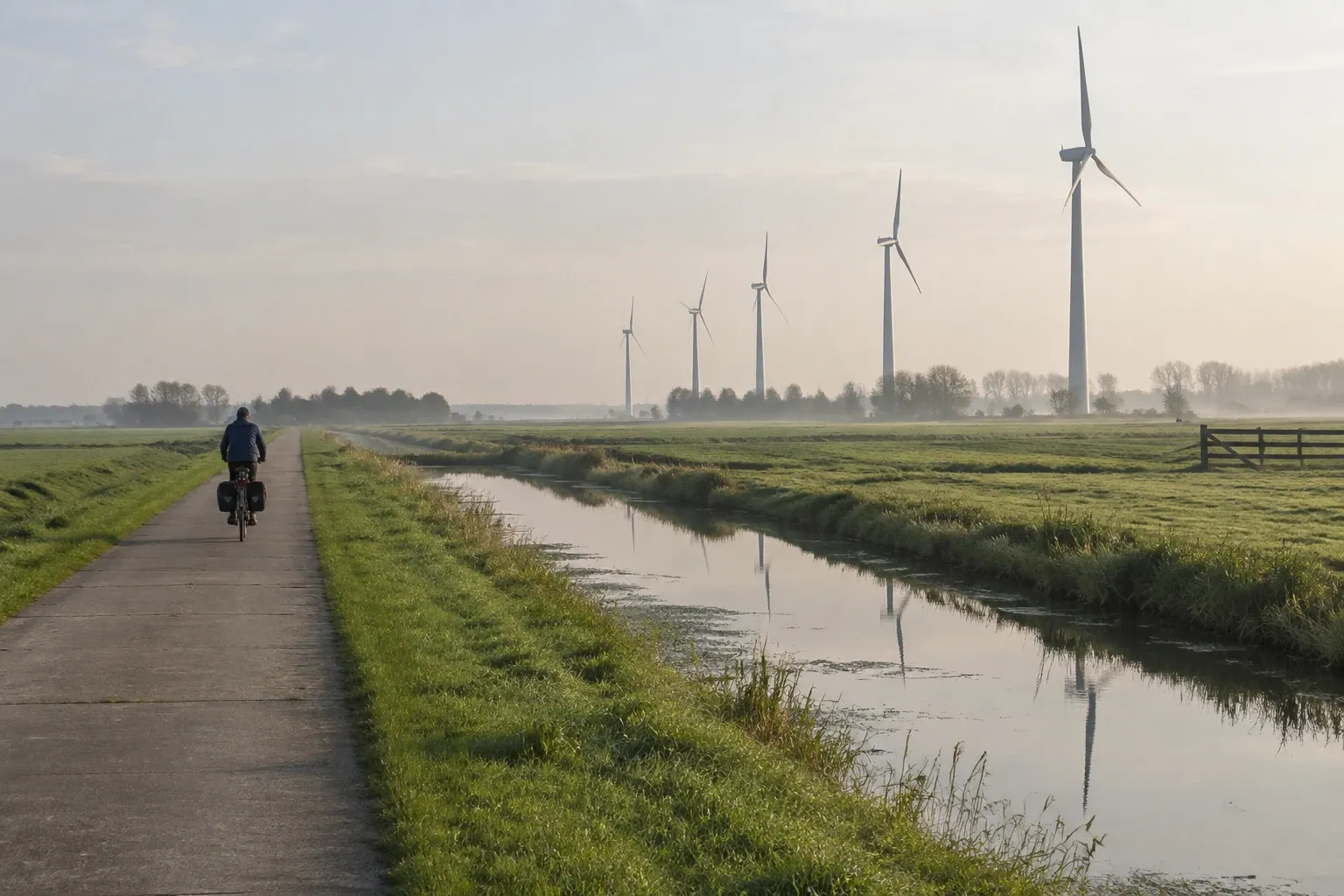 Fietser op landweg langs kanaal met rij windmolens in mistig ochtendlicht
