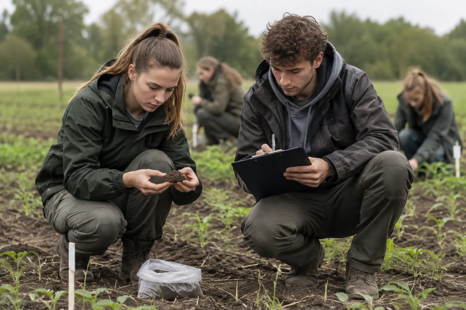 Studenten in veld bekijken grondmonsters en maken aantekeningen tijdens praktijkles landbouw